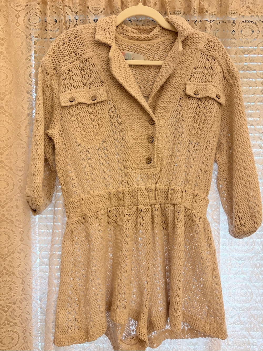 Free People Beach Crochet Knit Romper Boho Collared Cover-Up Small